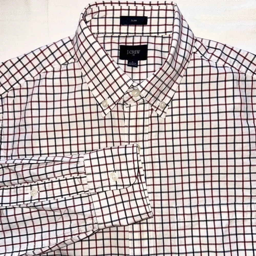 Vtg J. Crew Dress Shirt 100% Cotton White Check Slim Fit Button Down ~ Sz S
